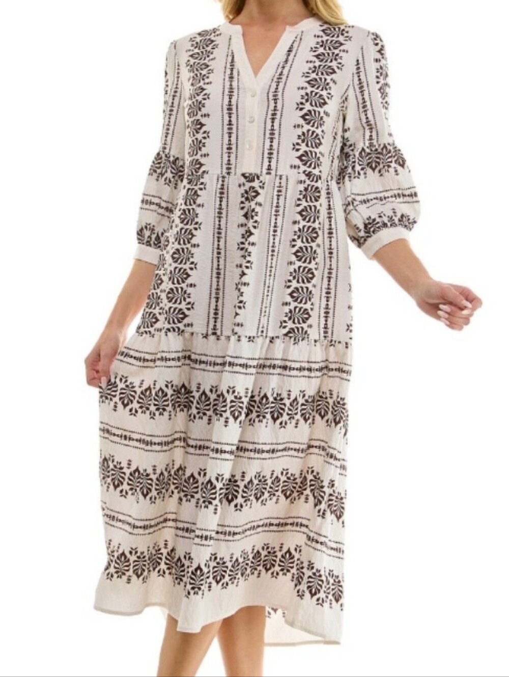 Fig & Flower Cream and Navy Printed Tiered Maxi Dress Size Large
